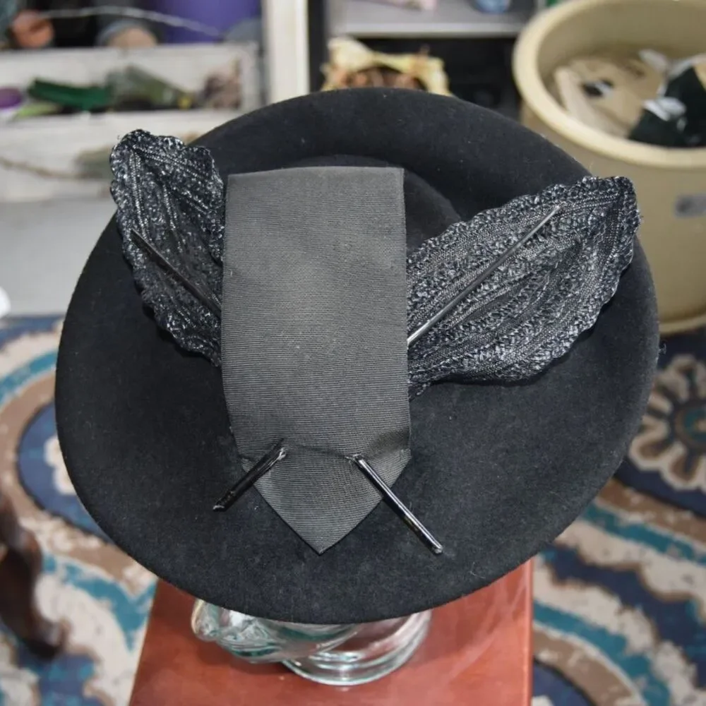 Vintage 1940s Glenover Henry Pollak Black Wool Tilt Hat Leaves Hatpins